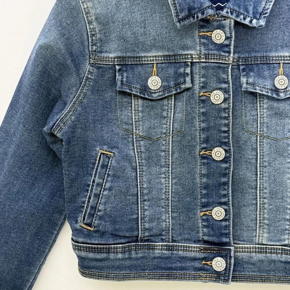 CAT & JACK Denim Jacket Girl's Small 6/7 Blue Jean Coat Outerwear Pockets Retro